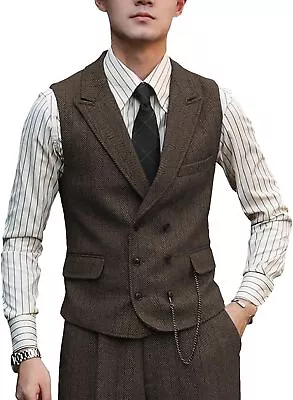 Men Vests Wool Herringbone Tweed Suit Vest Double Breasted Waistcoat • $48.33