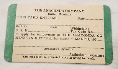 1950s The Anaconda Co Butte Montana Employee Apply Card Vintage Mining Ephemera  • $17.95