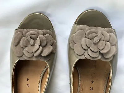Gabor Grey Leather Shoes Size UK 4 Taupe Patent Sandals Slingbacks Peep Toe Low • £12