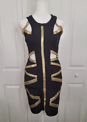 Bebe Addiction Black Gold Cutout Halter Bandage Party Cocktail Dress Size M (37) • $28.80