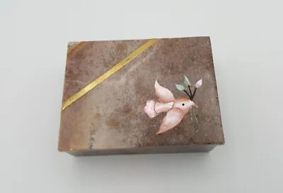 Vintage Marble Soapstone Trinket Box Mother Of Pearl Pink Bird Inlay 4  X 3  • $9.77