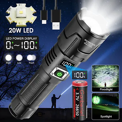 High Powerful Zoom Rechargeable LED Flashlight Tactical 20W Torch Lamp Camping  • $26.99