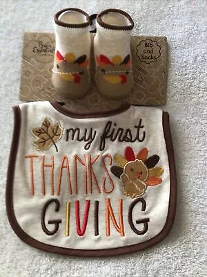 Baby Essentials My First Thanksgiving Bib And Socks Turkey Theme 0-6 M0 New • $6.36