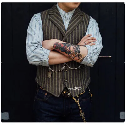 Mens Vintage Wool Blend Tweed Herringbone Stripe Lapel Waistcoat Slim Fit Vest • $40