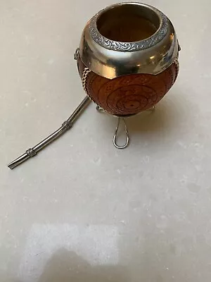 Yerba Mate Gourd Cup Coconut Leather Silver  Handmade  Argentina • $14.99