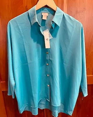 NWT $79 Chico's Size 00 XS Dolman Button-Front Teal Oversized Shirt • $19.99