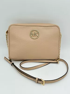 MICHAEL KORS Fulton Large Pebbled Leather Crossbody Nude Purse Handbag • $49.99