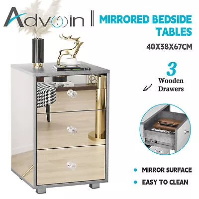 Advwin Mirrored Bedside Table 3 Drawers Side Table Nightstand Storage Cabinet • $101.11