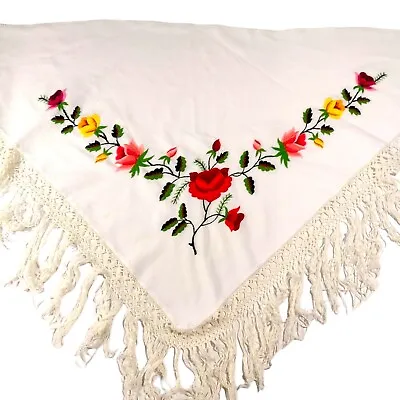 Vintage Piano Scarf Embroidered Crewel Wrap Floral Roses Multicolor Fringe 33x62 • $50.97