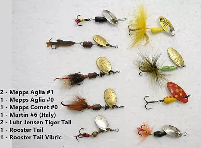 9 Vintage Inline Spinner Lures Lot Mepps Aglia Comet Rooster Tiger Tail Martin 6 • $9.99