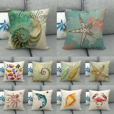 Marine Life Crab Conch Sea Shell Cushion Cover Home Decoration Sofa Pillow Case • £3.59