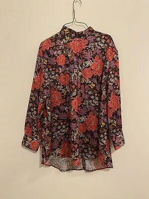 Zara Tunic Floral Mock Neck Long Sleeve Pink And Purple Blouse Top Satin • $18
