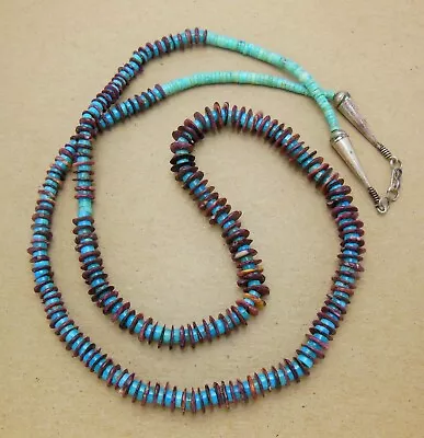 Vintage Navajo Turquoise & Purple Spiny Oyster Heishi Bead 29  Sterling Necklace • $26