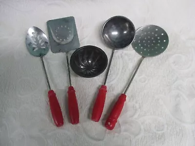 Vintage Set Of 5 Kids  Metal Toy Kitchen Cooking Utensils Red Handles • $14.99