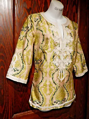 J CREW Tae Soutache 100% Silk Caftan Tunic Blouse Peach Olive Ivory Top 4 S 4C • £23.14