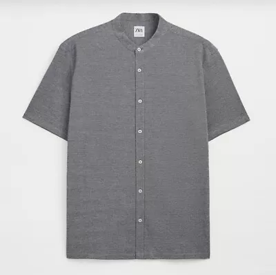 Zara Mandarin Collar Short Sleeve Button Up Shirt Grey Size M • $24