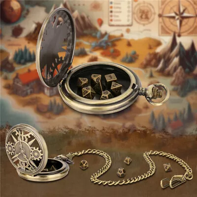 Travel DND Gear Pocket Watch & Mini Metal Polyhedral Dice Set For Tabletop Games • $8.99