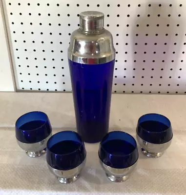 Art Deco Cobalt Blue Glass Chrome Cocktail Shaker 4 Glasses Bar Martini VTG MCM • $249.99