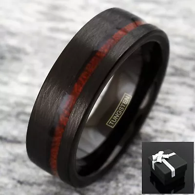 8mm Black Mens Distressed Brushed Tungsten Off-Center Koa Wood Wedding Band Ring • $14.99