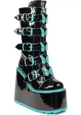 YRU SHOES Dune Butterfly [Black/Teal] | PLATFORM BOOTS* Gothic • $321.95