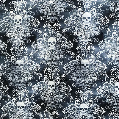 Skull Cotton Fabric Gothic Wicked Halloween Goth Charcoal Grey Black Horror • $17.18