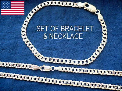 925 STERLING SILVER MEN'S CUBAN LINK NECKLACE(CHAIN) & BRACELET SET Gift USA • $5.04