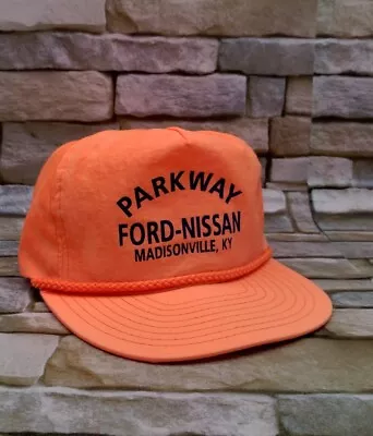 Vtg Parkway Ford Nissan Trucker Hat Cap Orange 90s Rope Madisonville Kentucky  • $10.29