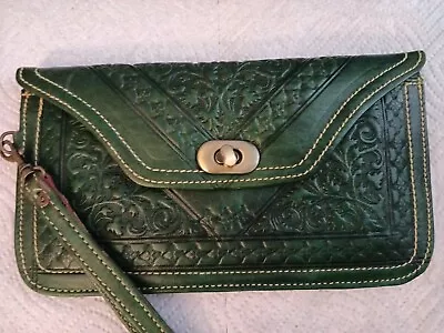 MOROCCAN Embossed Leather Wristlet Green -Vintage  • $22.99