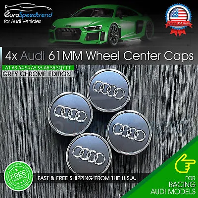 Audi Grey Chrome 61mm Wheel Rim Center Hub Caps Emblem 4PC Set 8W0601170JG3 OE • $22.99