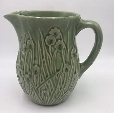 Unmarked Pottery Pitcher Flowers Celadon Green Vintage Small 6” McCoy?? • $39.99