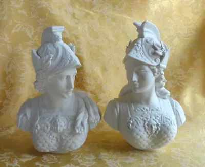 Pair Of Bavaria Germany White Bisque Porcelain Bust Statues Athena & Mars • $245.95