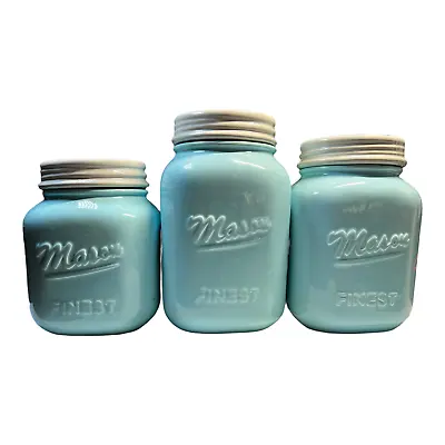 Sparrow Decor Mason Jar Ceramic Kitchen Canister Set Of 3 Light Blue Turquoise • $38