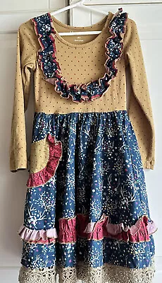 Mustard Pie Dress Girls  4T Long Sleeve Blue Tan Ruffled Floral Mixed Patterns • $24.47