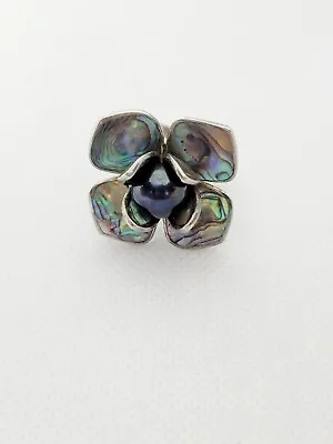 Sterling Silver Abalone & Black Pearl Floral Ring Size 7 • $69
