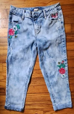 Justice Girls Denim DistressedJeans Floral Embroidery Butterfly Sz 12 Light Wash • $9.99