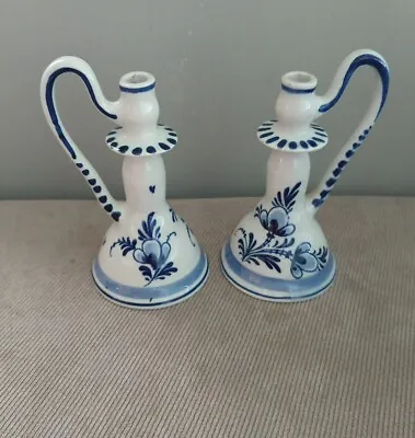 Vintage Pair Delfts Holland Blue Pottery Mini Floral Taper Candlestick Holders • $30