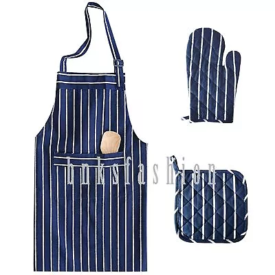 3Pcs Men Women Chef Adjustable Bib Stripe Apron With Glove Pad Kitchen Cooking • $18.99