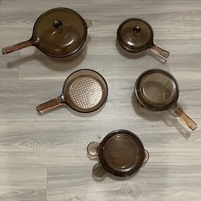 RARE Corning Pyrex Visions Ware 15Pc Set Amber Brown Glass Cookware W/ Lids USA • $145.40
