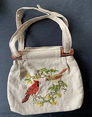 Vintage Handmade Canvas Handbag Embroidered With Cardinals And Flowers • $15