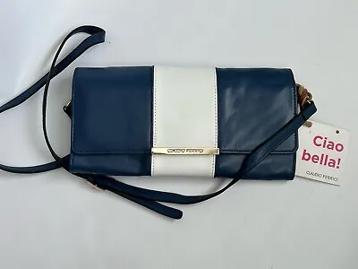 Claudio Ferrici Ladies Bag 100% Leather Soft Elegant Crossbody Blue/White New • £16.99