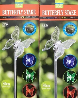 NEW 2x GARDEN SOLAR POWERED BUTTERFLY STAKE WITH COLOUR CHANGING LED LIGHT • £13.99