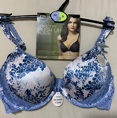 M&S PERFECT FIT UNDERWIRED PLUNGE PUSHUP Bra With MEMORY FOAM In SMOKEY BLUE 30D • £12.99