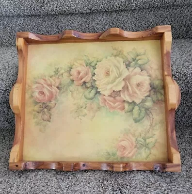 Vtg 73 Rustic Floral Rose Painted Serving Tray Wood Bottom Home Farmhouse 14x13 • $25