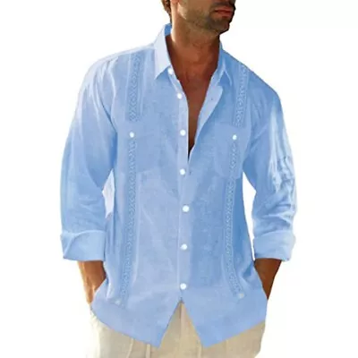 Men's Guayabera Cuban Beach Wedding Button-Up Casual Short Sleeve Dress Shirt • $18.58