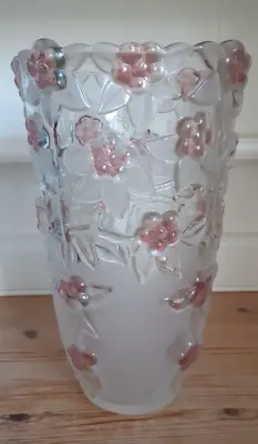 VINTAGE WALTHER GLASS GERMANY LARGE VASE Frosted With Pink Flowers 9.5  • £29.99