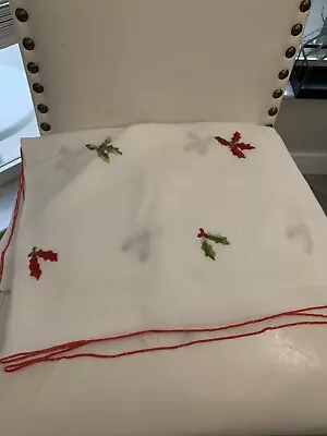 Vintage Christmas  Embroidery Hollyleafs Tablecloth 48w X 64L • $22.99