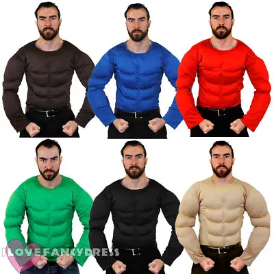 Mens Padded Muscle Chest Top Strongman Shirt Tv Movie Army Fancy Dress Costume • £17.99