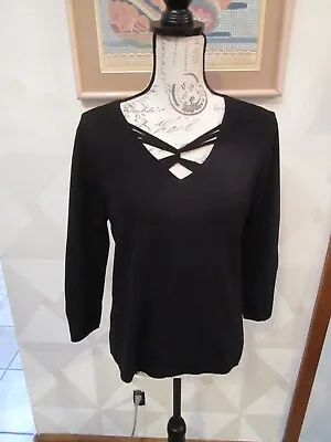 Cable & Gauge-black-3/4 Sleeve-crossover V-neck-sweater-size-l-nwt-$48 • $12.99