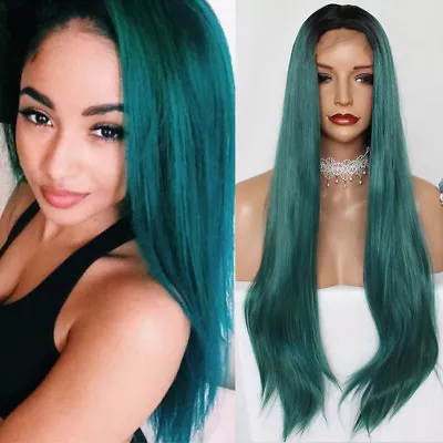 Ombre Green Color Long Synthetic Lace Front Wig Full Hair Wig Straight Heat Safe • $19.90