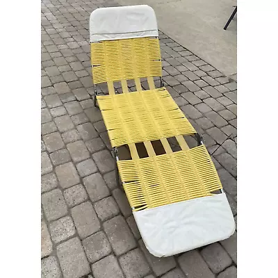 Vintage Folding Aluminum Lounge Lawn Beach Chair Vinyl PVC Tubing Yellow Adjust • $69.99